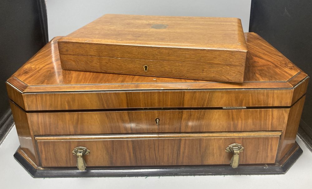 A cased Elkington plated canteen of Rochester-pattern cutlery, near complete, and similar oak cased set of twelve fish knives and forks